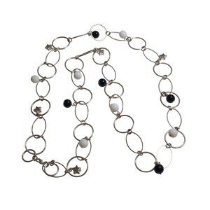 Silver Tone Chain Necklace Black White Beads Star Accents Circular Links Clasp